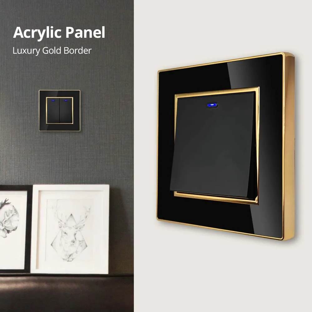 Wallpad Black Acrylic Panel With Rosy Gold Border Wall Light Switch LED USB EU Socket 5 6 7 8 Gang 2 Way Reset 146*86mm