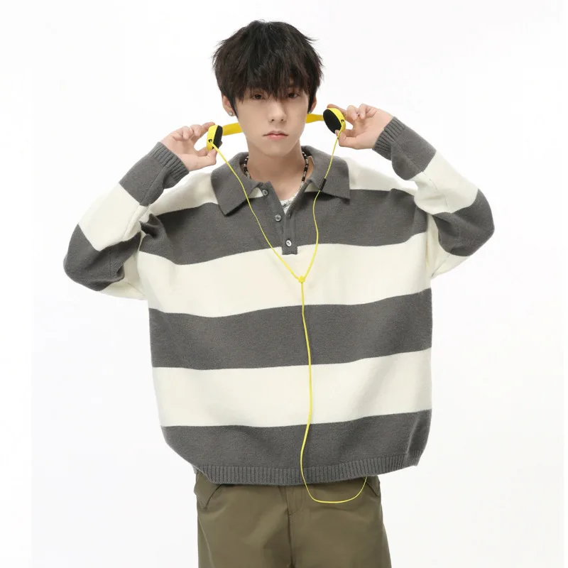 Men's Striped Contract Color Sweater 2024 Autumn Winter Loose Korean Style Kintted Sweater Turn Down Collar Pullover