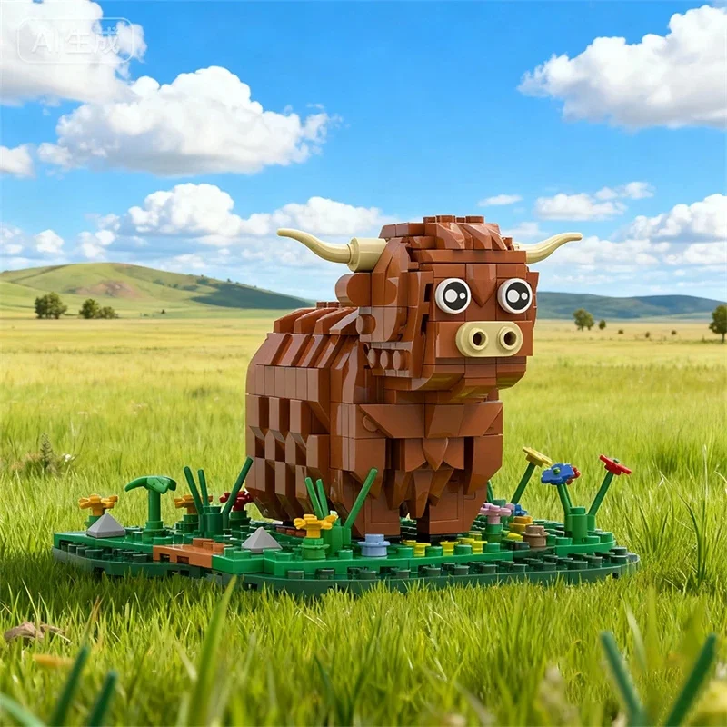 Highland Cattle Mini Building Blocks Fits Small Bricks Farm Animal Toy Realistic Rustic For Kids Collectors Birthday Table Decor
