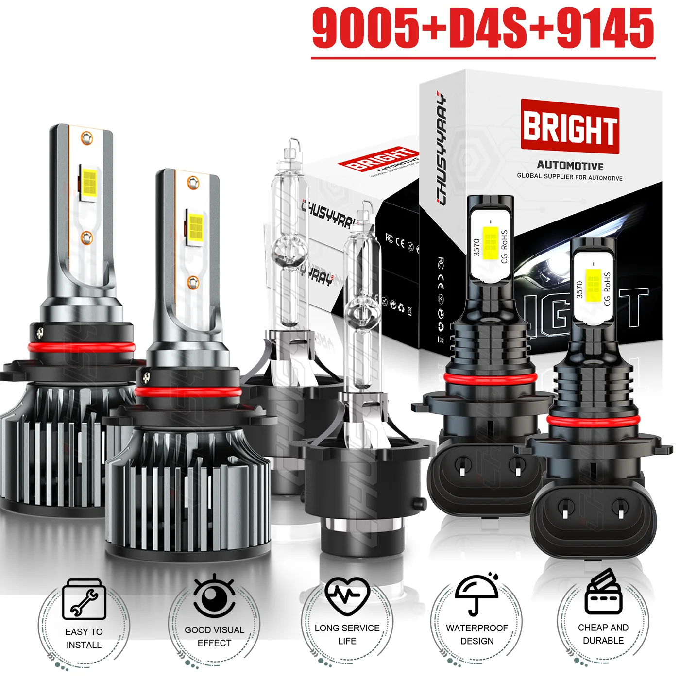 CHUSYYRAY Car lights LED Headlight 9005+D4S+9145 High+Low Beam+Fog Light Bulbs White 6500K Bulbs Kit