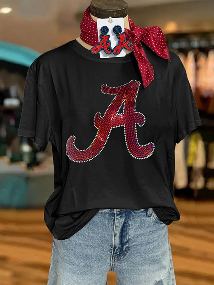 Casual Letter A Gameday SequinsT-shirt