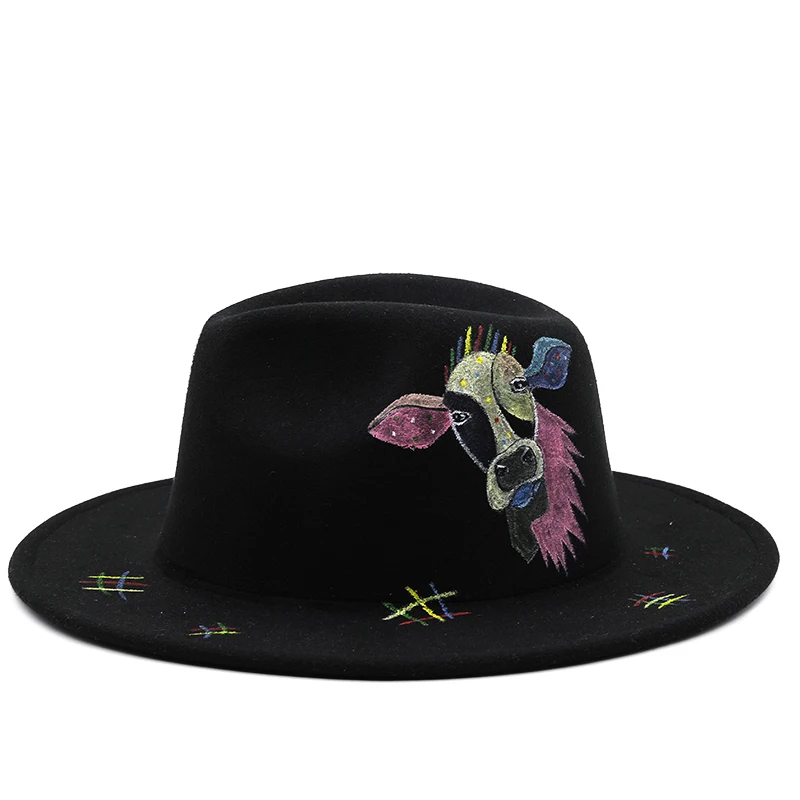 Colorato Graffiti a tesa larga chiesa Derby Top Hat Panama feltro fedora cappello per gli uomini donne di lana artificiale stile britannico cappello Jazz