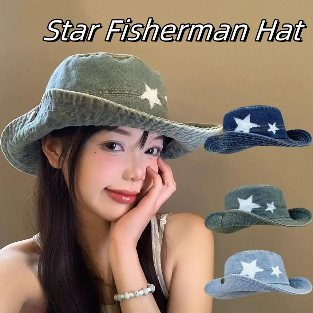 

Fashion Denim Star Fisherman Hat Wide Brim Y2K Outdoor Sun Hat Sunshade Adjustable Western Cowboy Hat Travel
