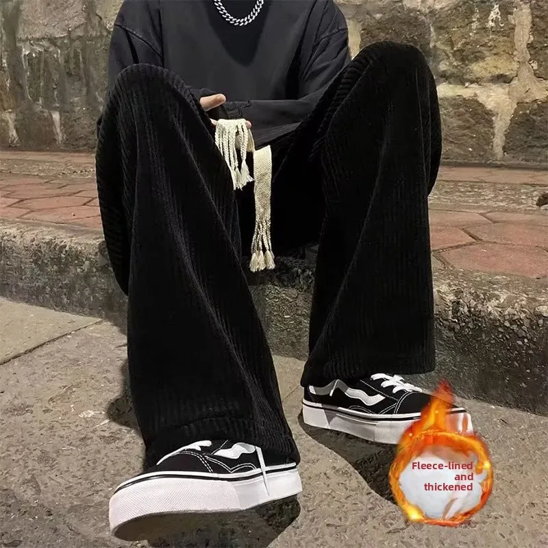 

Men's Corduroy Pants Winter Thickened Fleece Long Casual Loose Straight Leg Trousers Hip Hop Style mid High Waist Youthful