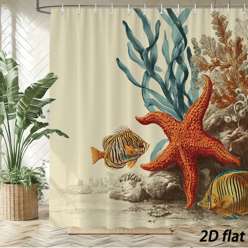 Vintage Marine Biology Print Bath curtain, Red Starfish Tropical Striped Fish Seaweed Retro Ocean Illustration t