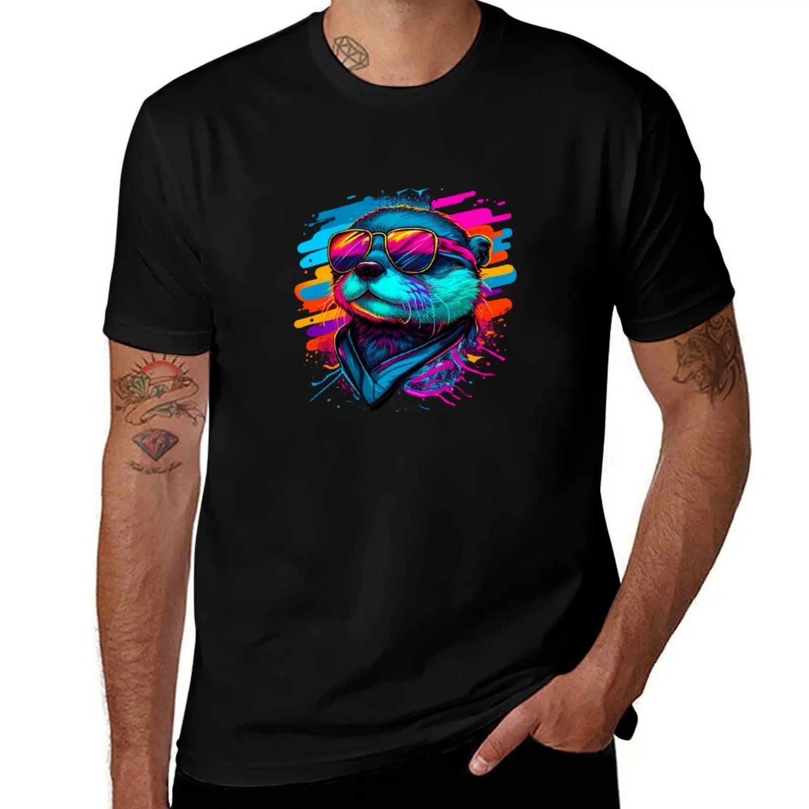 

80s Synthwave Style Otter with Sunglasses T-Shirt Anime t-shirt quick-drying slim fit t shirts for men