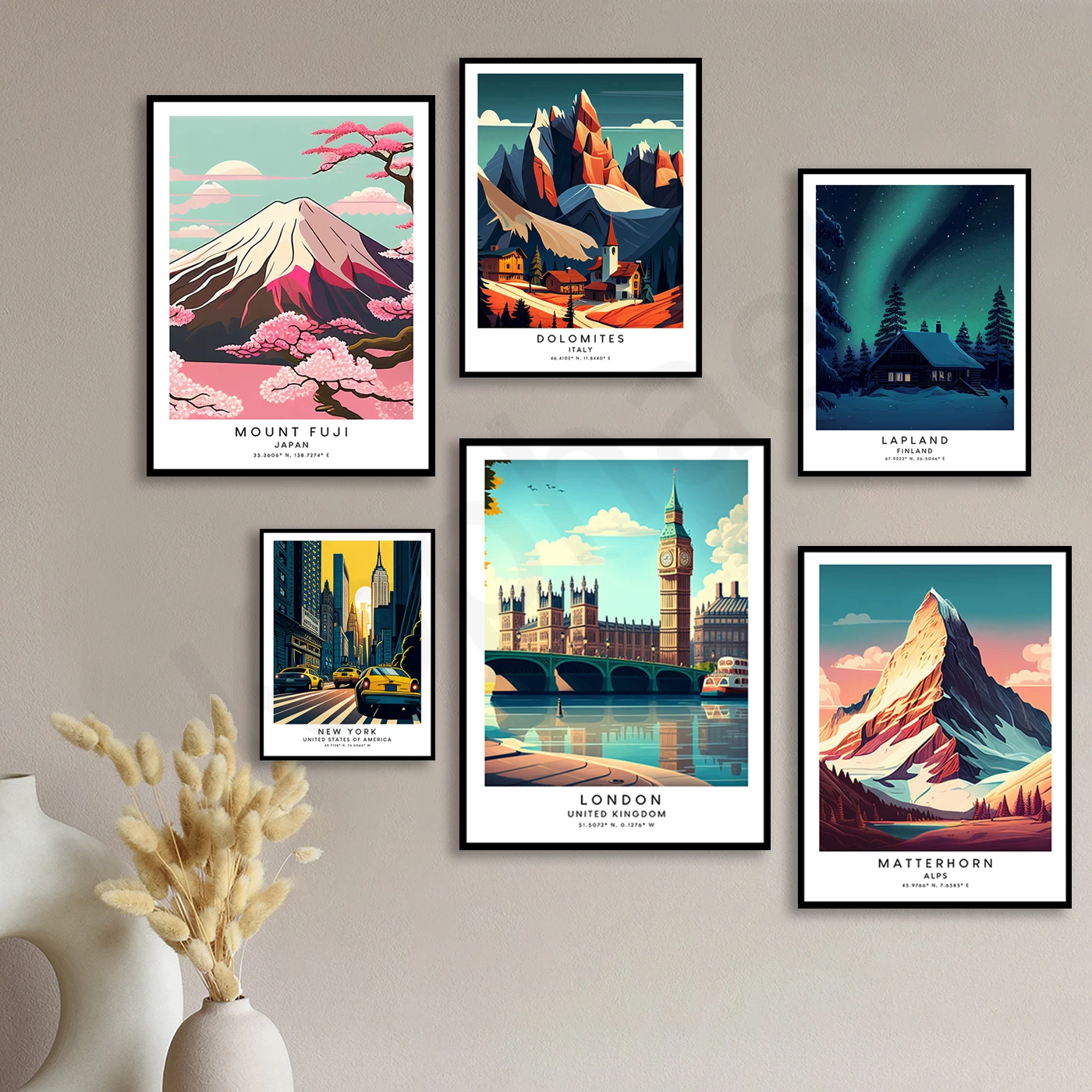 Amsterdam London New York Zermatt Matterhorn Lapland Ben Nevis Dolomites Gunung Fuji. Poster Pemandangan Perjalanan Kota