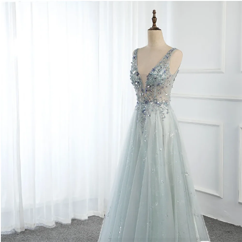 2023 New Sexy Mint Long Prom Dress V-neck Tulle Sequin Beaded Backless Formal Youth Brilliant Party Dress