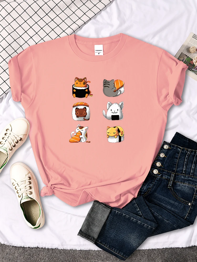 T-Shirt Cartoon Lovely Sushi Cat Printing Womens T Shirt Casual Tshirts For Women Hip Hop Gothic Women Short Sleeve Tops