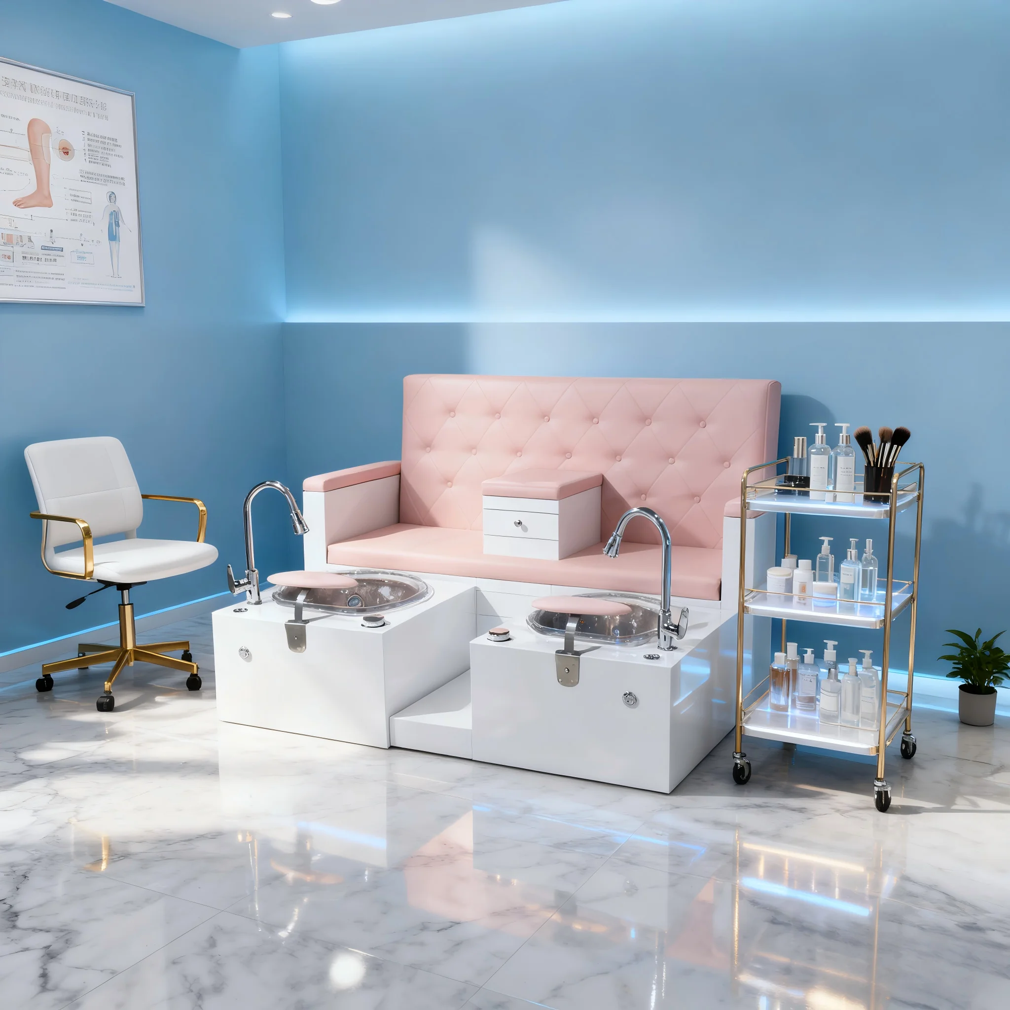 Customized Double pink Pedicure Chair With Two Basins and Shower for Couples With Storage Compartment in the Middle