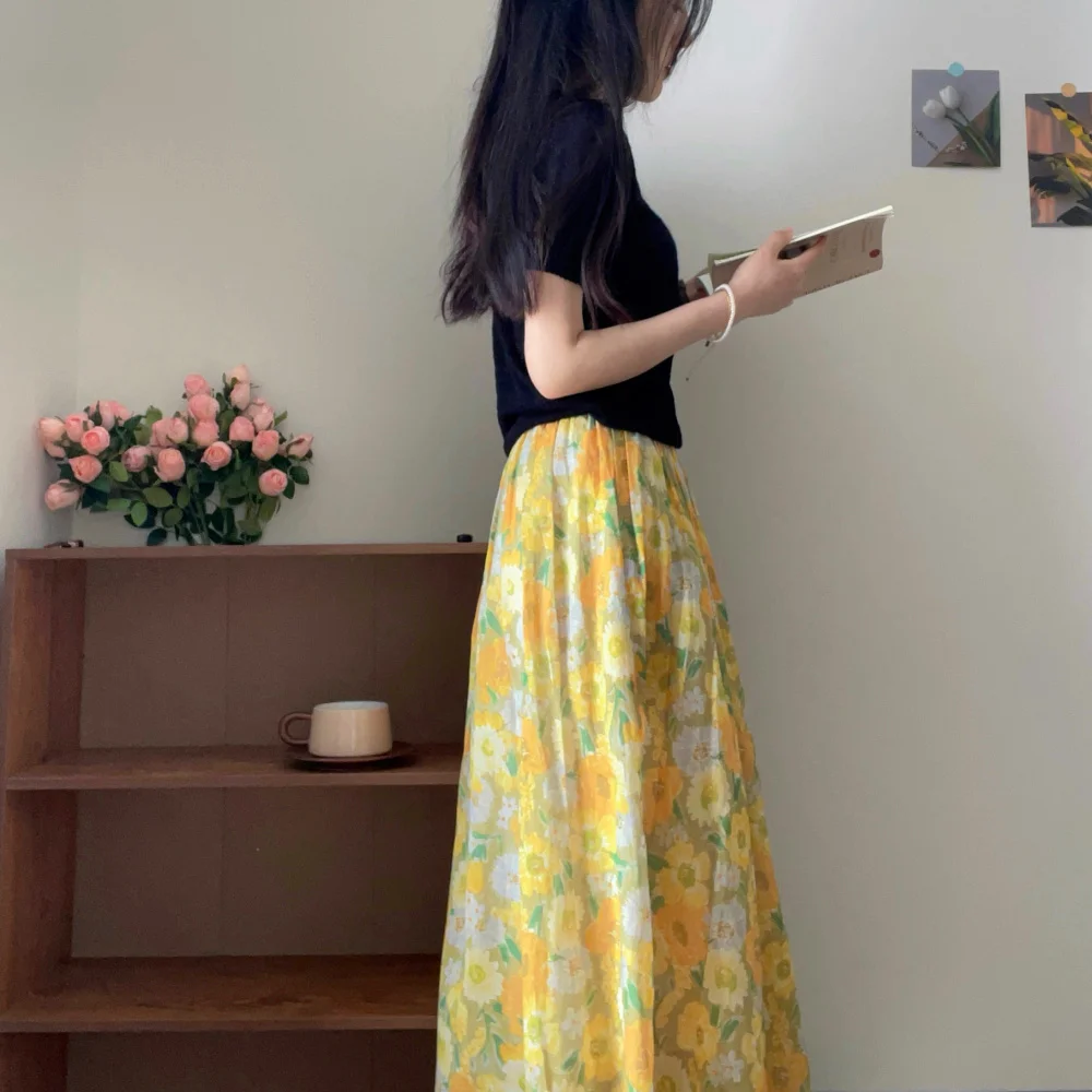 Retro Floral Print Midi Skirt Elastic Waist A-Line Female Yellow Flower Skirt Commute Style Long Skirt Polyester Cotton Blend
