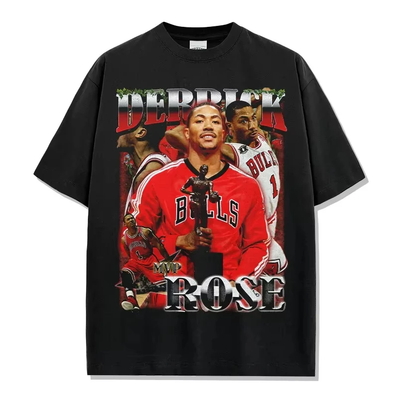 Derrick Rose MVP Tribute Graphic T-Shirt Oversized Crew Neck Distressed Cotton Basketball Casual Outdoor Sports Wear Retro Wash