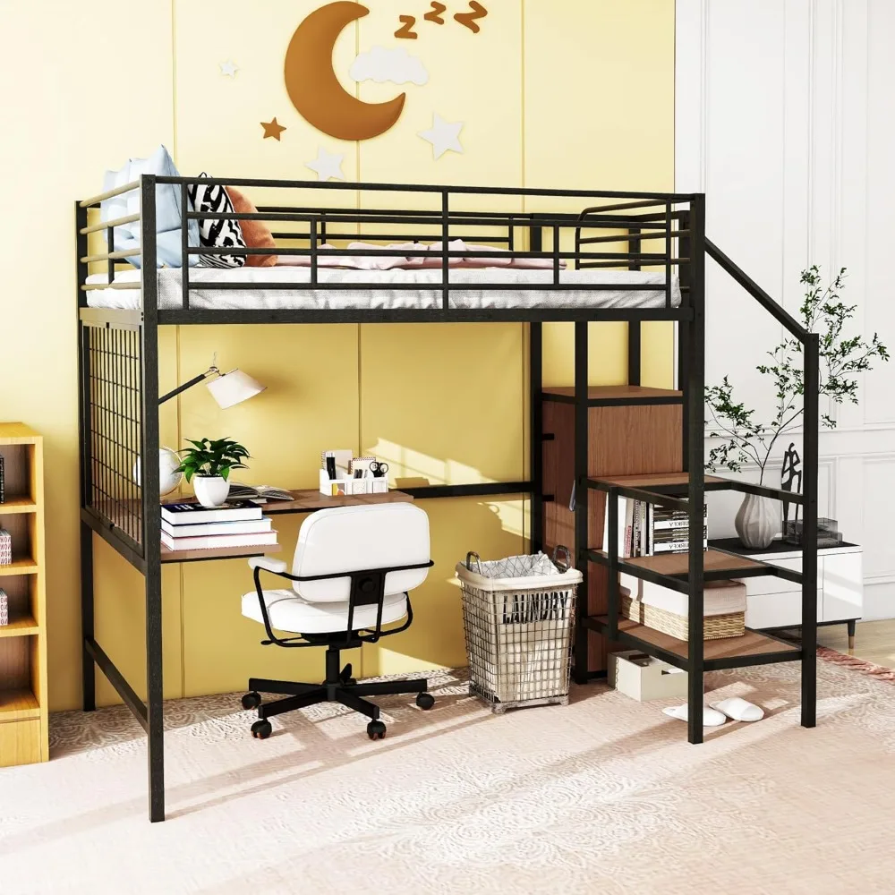 

Full Size Metal Loft Bed with Desk Heavy Duty Loft Bed with Stairs, Wardrobe and Metal Grid