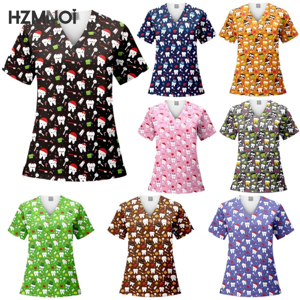 

Medical Nurse Uniforms Operating Room Surgical Uniform V-neck Blouse Doctor Workwear Nursing Accessories Cartoon Print Scrub Top