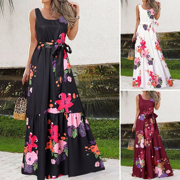 

Plus Size 1xl-5xl Women's Sleeveless Floral Maxi Dresses: Belted Waist Vacation - Style Long Dresses-Elegant and Casual