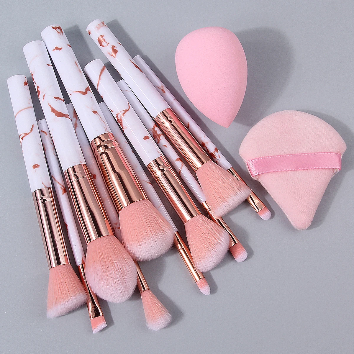 12-teiliges multifunktionales Make-up-Pinsel-Set mit rosa Marmormuster und trockenem und nassem Mehrzweck-Make-up-Schwamm-Puderquasten-Set