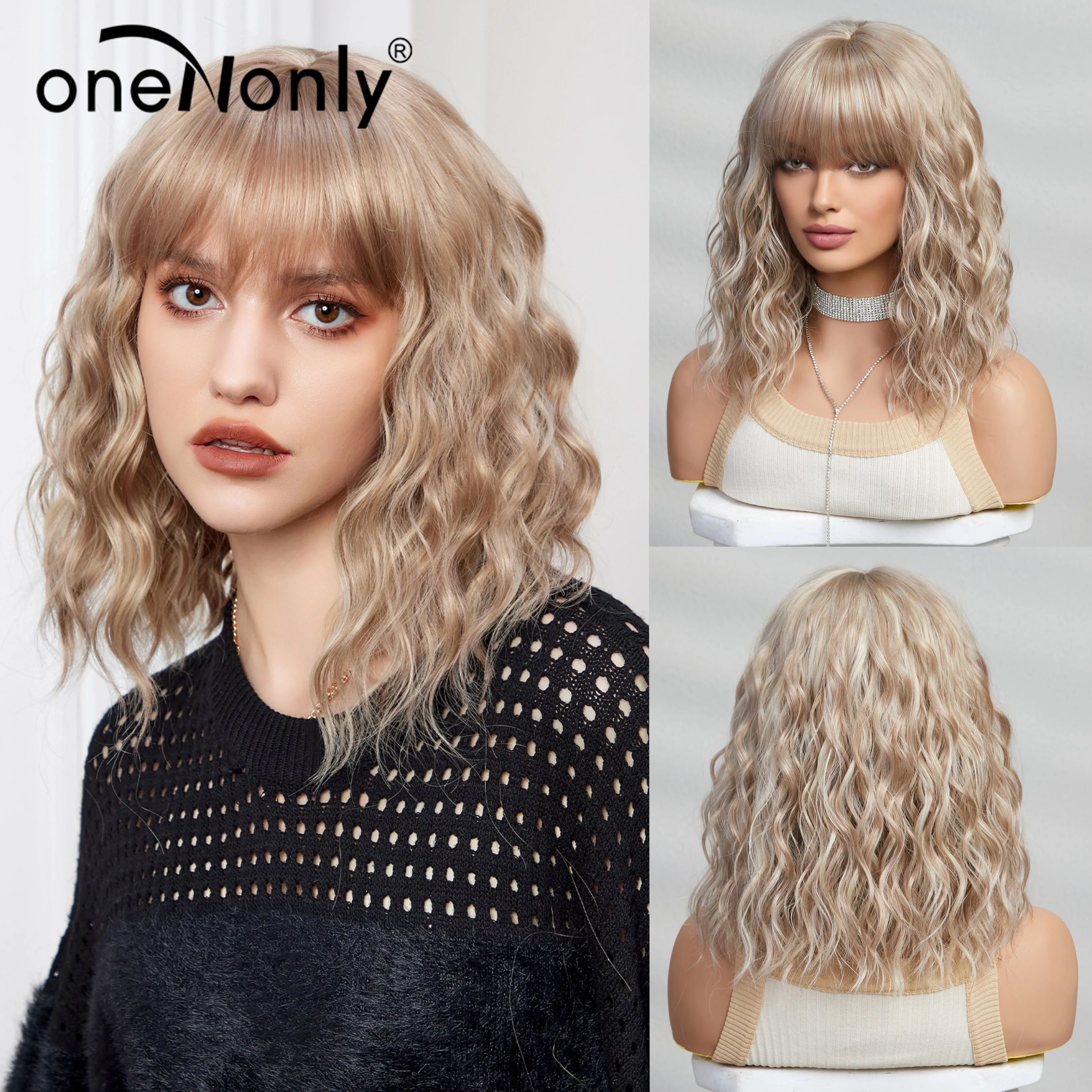 oneNonly Short Blonde Wig with Bangs Bob Synthetic Wigs for Women Lolita Party Natural Hair Wigs High Temperature Hair