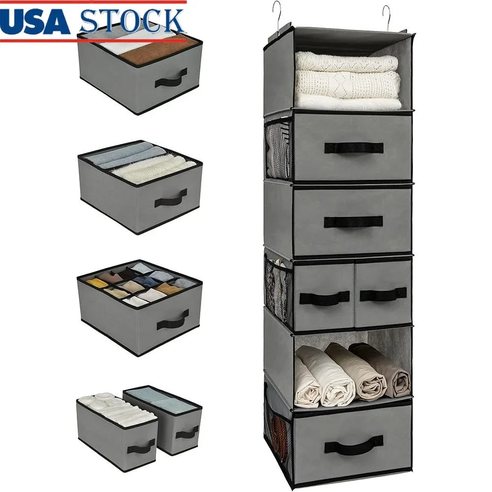 6 Shelves Hanging Closet Organizer with 5 Drawers and 6 Side Pockets Portable Foldable Storage Solution Clothes Toys Accessories
