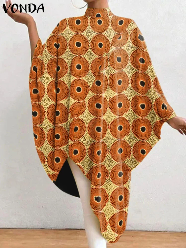 PLUS ขนาด 5XL VONDA 2025 ฤดูร้อนผู้หญิงชุดยาว VINTAGE พิมพ์ไม่สม่ําเสมอ Sundress แขนค้างคาวชุดหลวมพรรค Robe ...