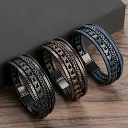 Classic Fashion Handmade Multilayer Braided Leather Bracelet For Men Alloyed Magnetic Buckle Punk Party Charm Bracelet Wholesale