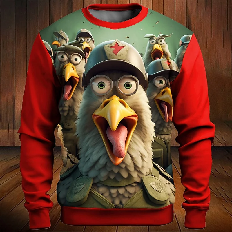 3D Printed Funny Chicken Sweatshirt For Men Colorful Animal Pattern Pullovers Casual Loose O-Neck Long Sleeve Unisex Hoodies