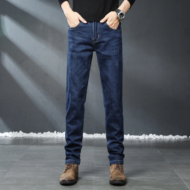 

2024 Spring and Autumn New Men's Dark Blue Jeans Straight Slim Fit Elastic Casual Moustache Effect Scratched Long Pants