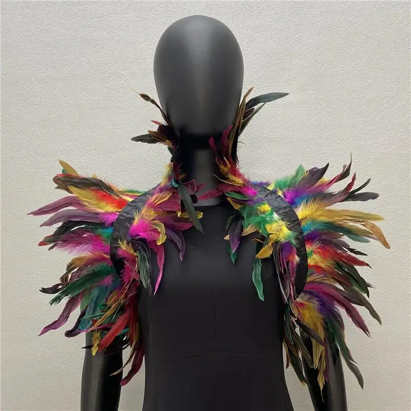 Natural Feather Fake Collar Shrugs Cosplay Black Shawl Halloween Feather Shoulder Wraps Women Punk Gothic Costume Feather Cape