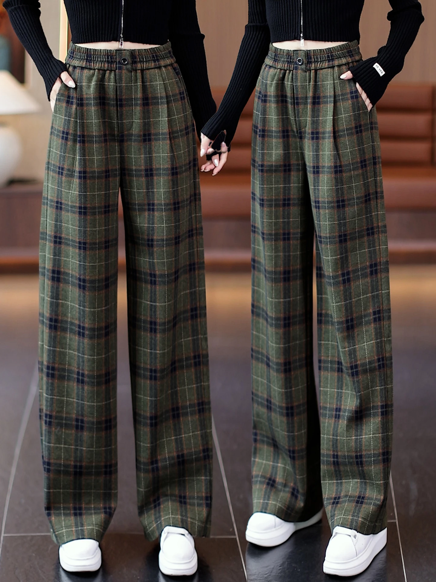 

Шерстяные брюки с высокой талией и флисовой подкладкой, утепленные, в клетку, широкие, женские, осенне-зимние, новый стиль, повседневные, прямого кроя