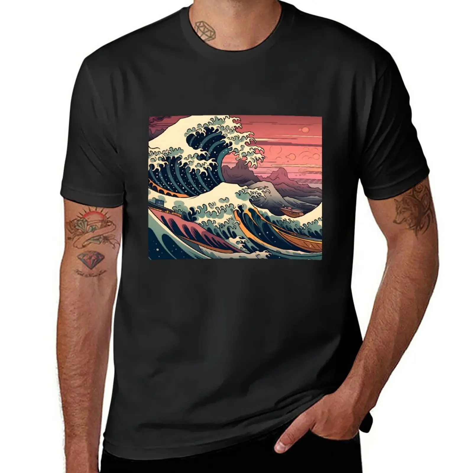 

New Big wave sunset T-Shirt aesthetic clothes tops boys white t shirts T-shirts for men cotton