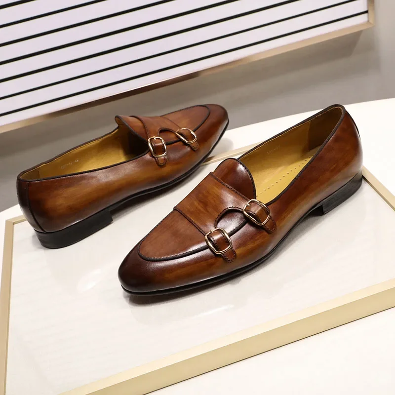 FELIX CHU Men\'s Genuine Leather Loafers Handmade Monk Strap Casual Dress Shoes for Wedding Party Summer Autumn Footwear