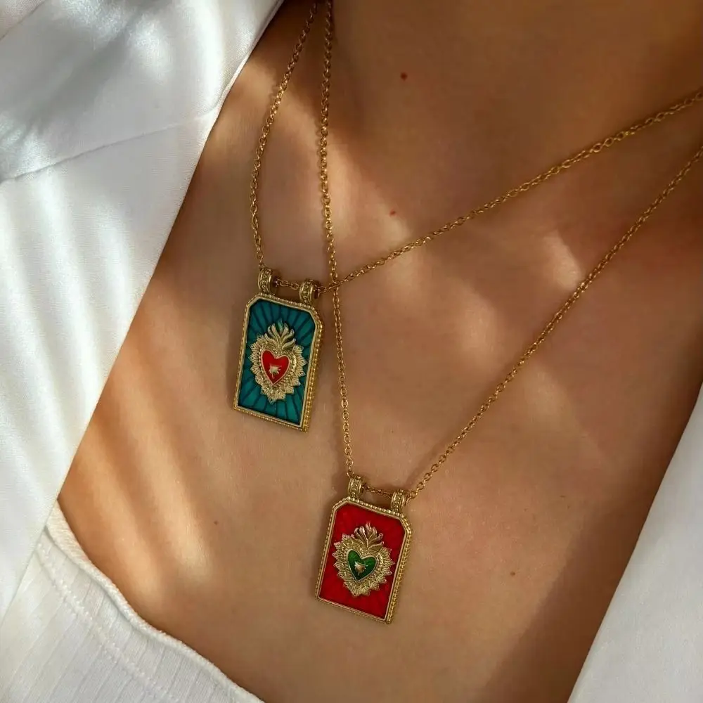 جديد خمر البوهيمي قلادة الفولاذ المقاوم للصدأ لباس غير رسمي بطاقة التارو قلادة الأزياء اليدوية المينا القلب قلادة