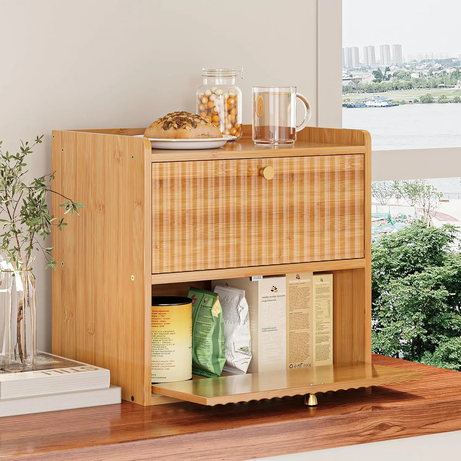 Double Layer Bamboo Bread Box with Magnetic Door, Large Capacity Kitchen Storage Organizer for Fresh Food