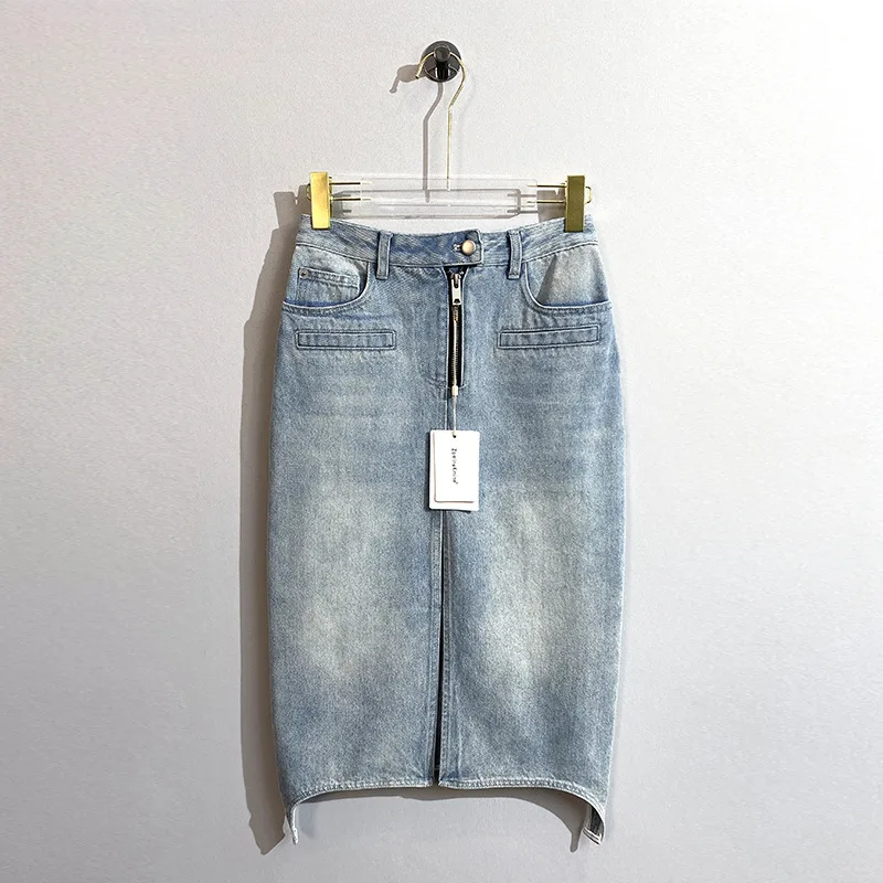 [ZOCI] Market New Wash, Old, Slim Fit Middle High Waist Split Zipper Denim Half Skirt Women