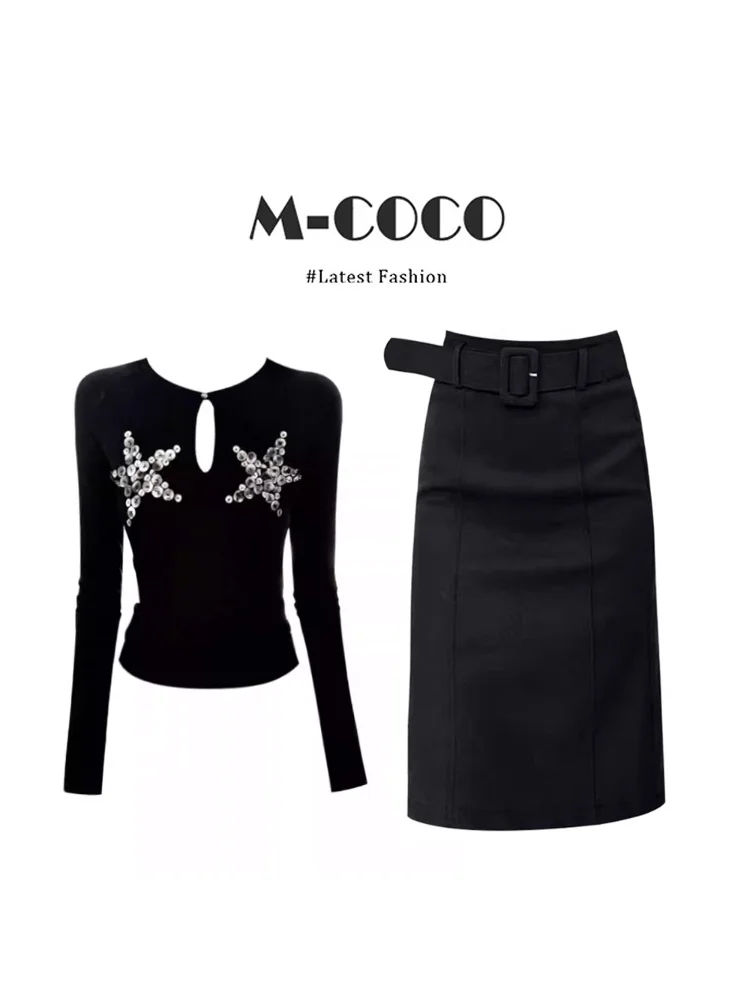 Elegant Black Long Sleeve T-Shirt Women's Design Starry Sea Sequins Top Spring 2026 Fashion Trend Unique Personality Casual Wear