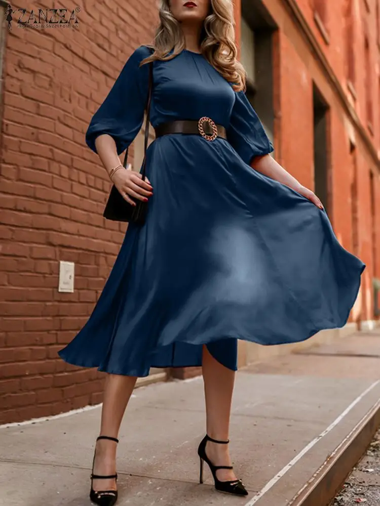 ZANZEA 2024 Autumn 3/4 Lantern Sleeve Vestidos Luxury Short Robe Elegant Women Satin Party Dress Vintage Solid A-line Midi Dress