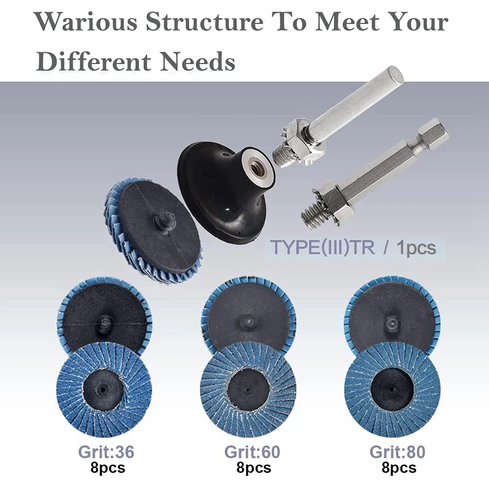 AC23-2 인치 롤 락 플랩 디스크 홀더 포함 다이 그라인더 부착용 지르코니아 플랫 36/60/80 그릿 연마 휠 표면 준비용