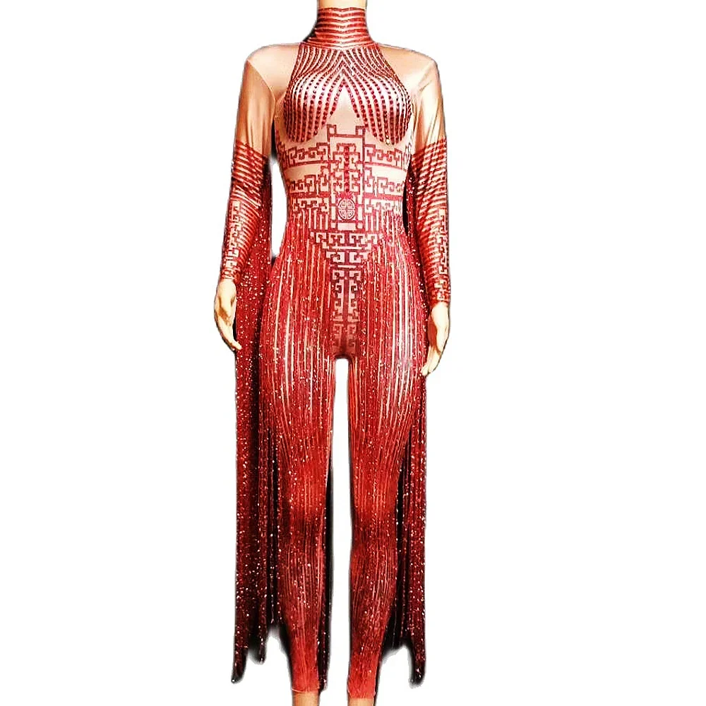 

Shining Rhinestone Red Fringe Bodysuits Women Long Sleeve Stretch Leotard Nightclub Singer Pole Dance Stage Wear Tassel Costume