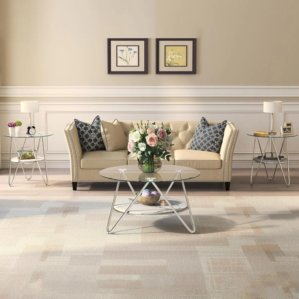 Meja Kopi Bulat dengan Penyimpanan, Meja Kopi Kaca 2 Tingkat untuk Ruang Tamu, Meja Tamu Modern dengan Kaca Tempered & Logam