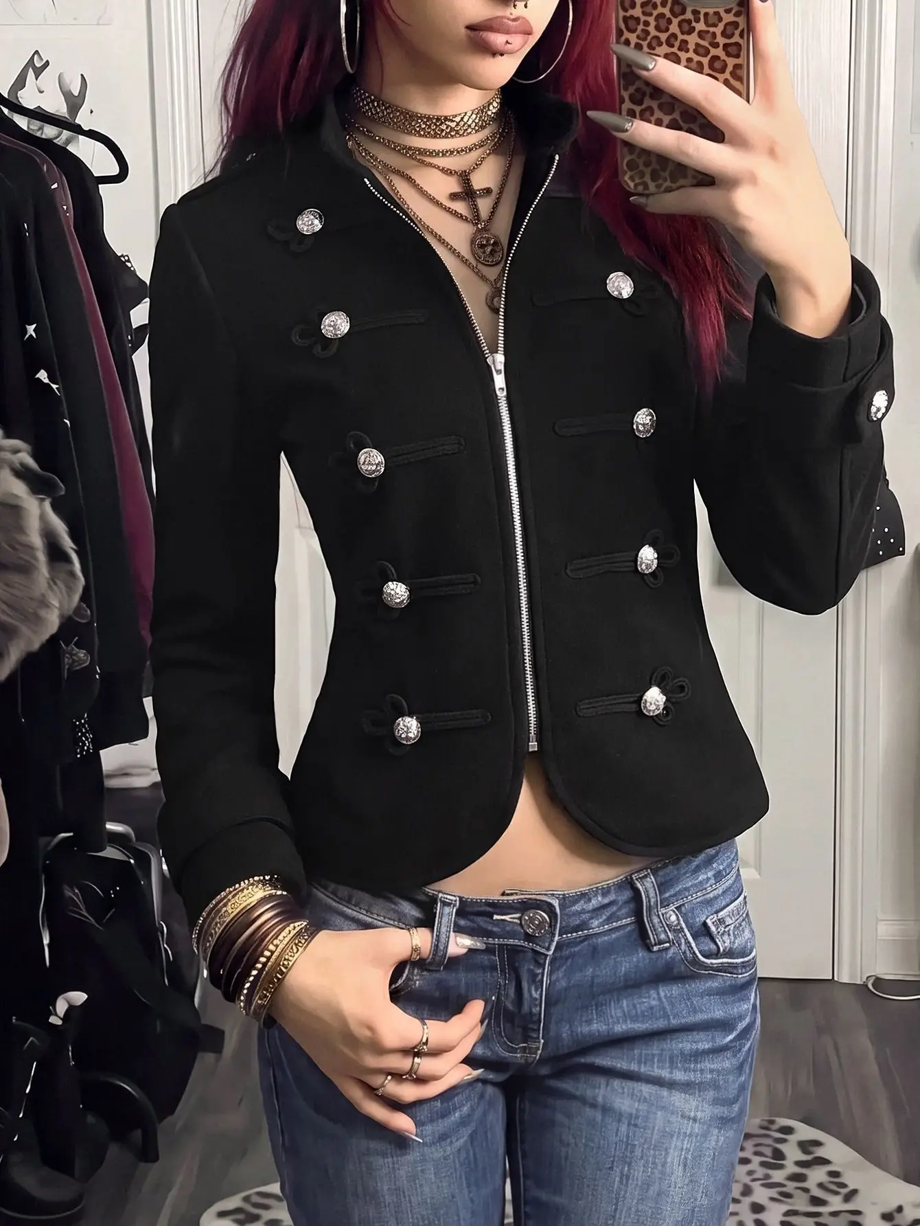 Women's Slimming Black Woolen Coat Autumn Double Row Buckle Stand up Collar Short Fashionable Outerwear