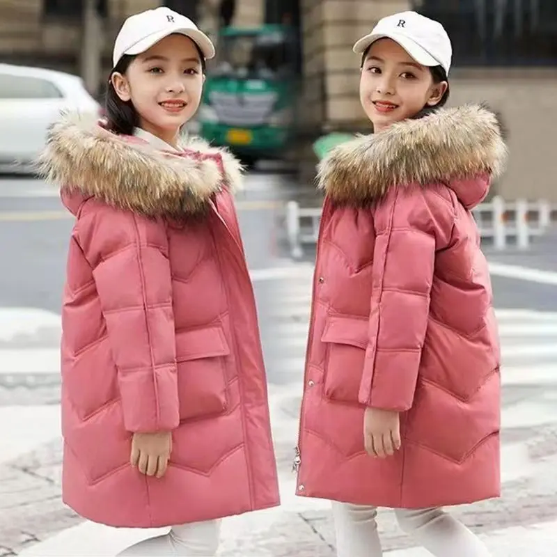 6 8 10 12 13 14 Years Winter Girls Jacket Thicken Keep Warm Fashion Fur Collar Kids Jacket Hooded Zipper Outerwear Kids Clothes