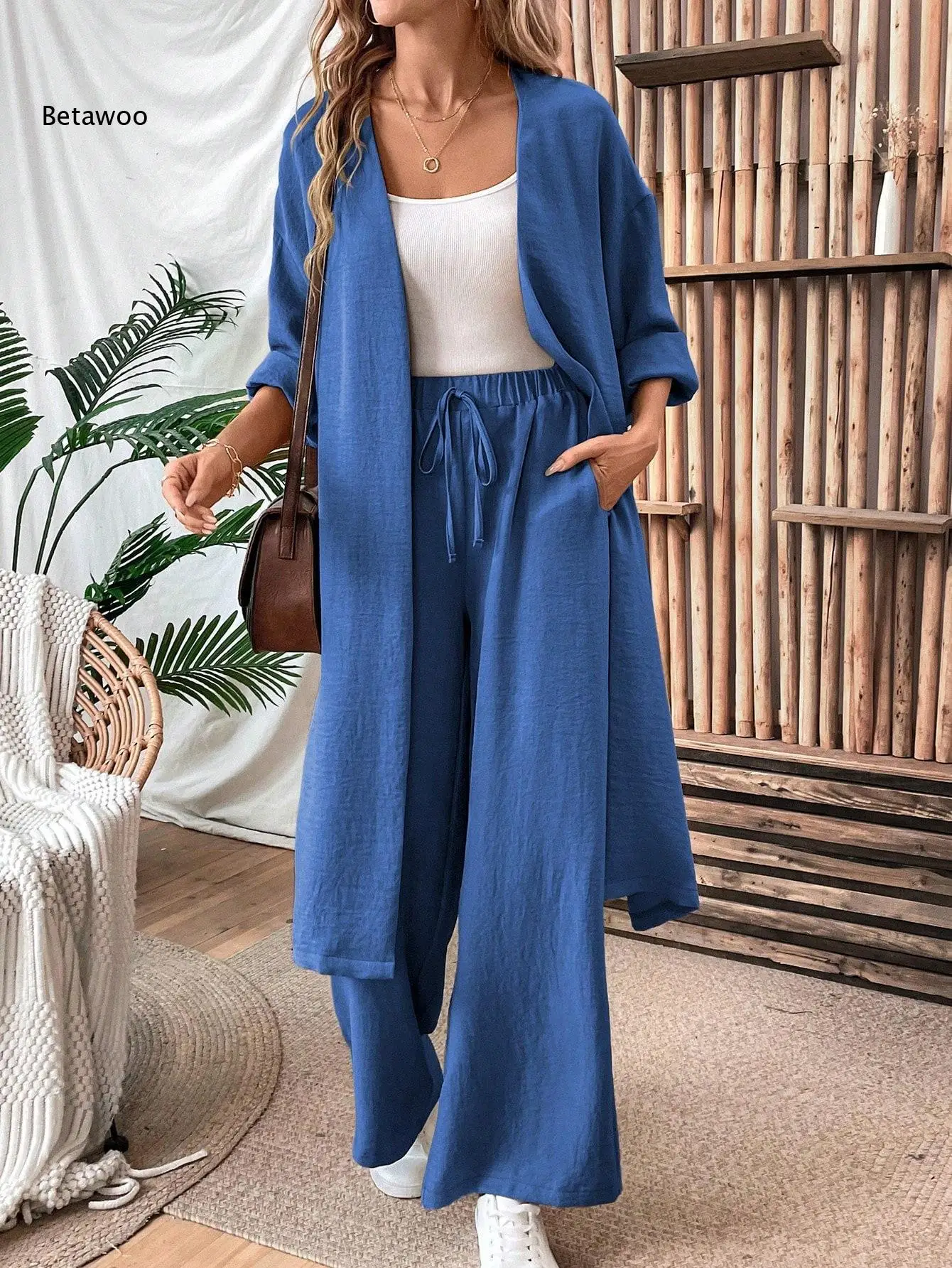 Women Two Piece Outfit Long Open Front Cardigan and Elastic Waist Wide Leg Pants Set Loose Casual Suit for Vacation Daily Wear view 6