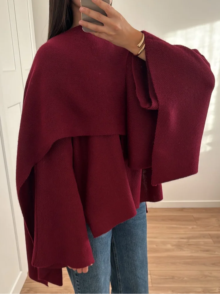 Fashion Burgundy Scarf Collar Woolen Jacket For Women Autumn Elegant Full Sleeves Loose Short Coat 2024 Lady Chic Casual Outwear