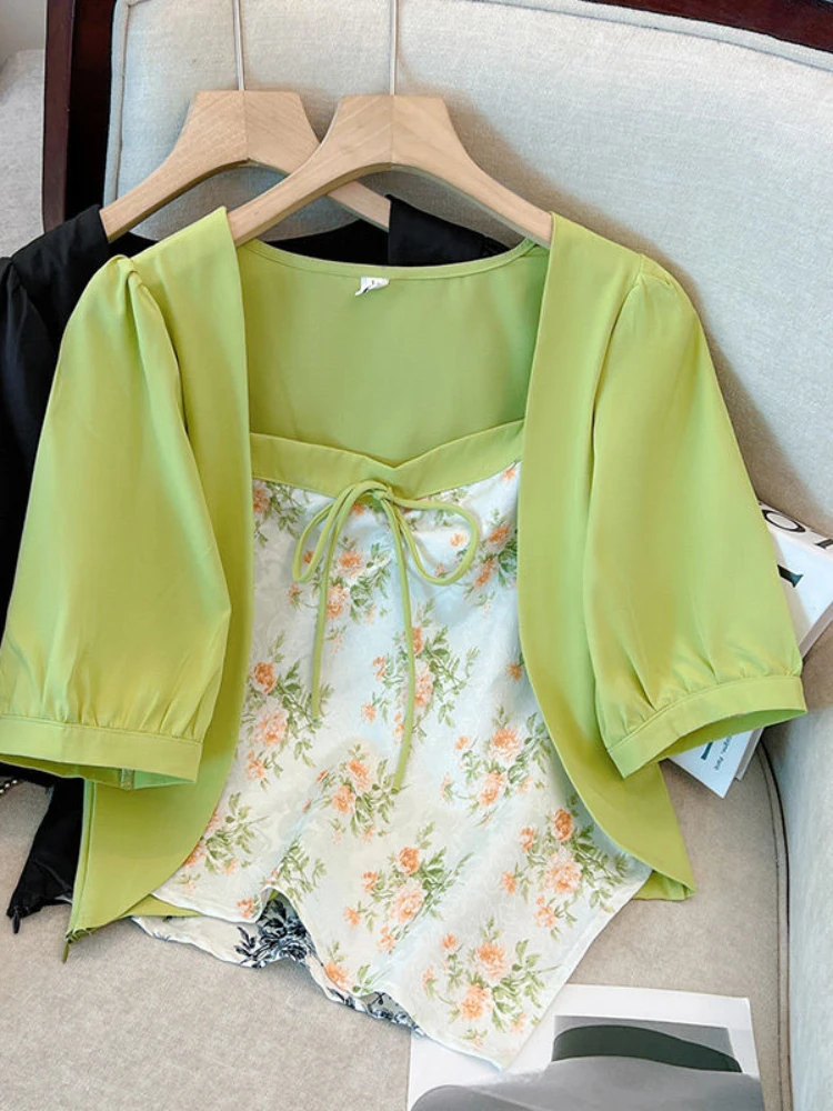 

Summer Design Shirts for Women Fake Two Piece Plus Size Flower Print Irregular Lace Up Crop Top All Match Square Collar Clothing