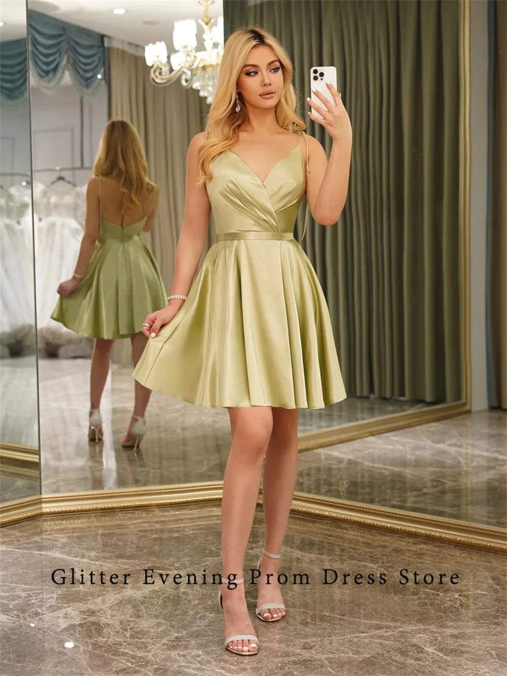 

2024 Simple Sexy Short Mini Prom Dresses A-Line Satin V-Neck Backless Lace Up Pleat Custom Made Birthday Evening Party Dresses