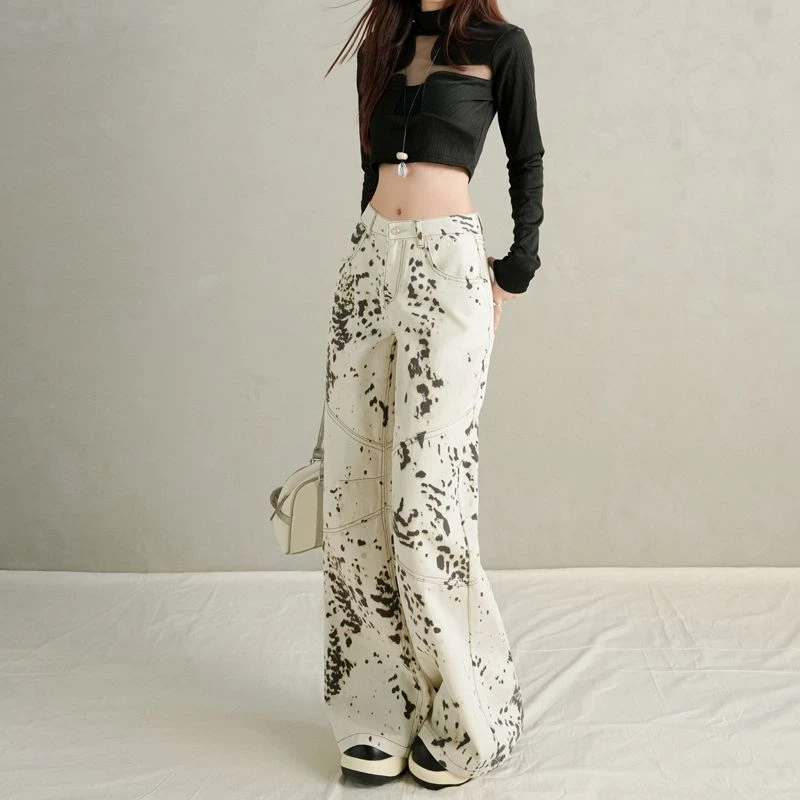 FINEWORDS Vintage Casual Korean Easymatch Baggy Leopard Printed Jeans Loose Wide Leg Jeans Full Length Punk Streetwear Jeans