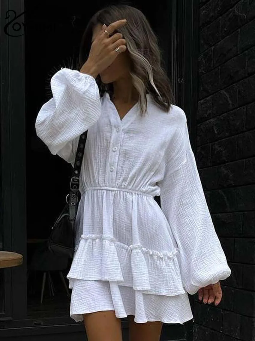 Oymimi Elegant White Cotton Dresses 2024 Women Casual Long Sleeve Button Solid Dresses Fashion High Waisted Pleated Mini Dress