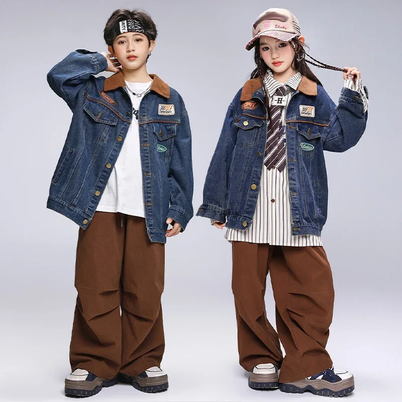 

Kids Street Dance Wear Boy Jazz Modern Dance Costume Girls Hip Hop Shirt Brown Pants Denim Jacket Fashion Casual Streetwear