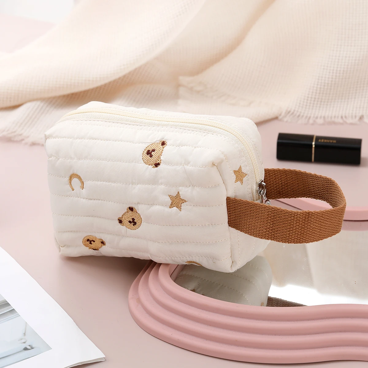 1 pc urso bordado com estrela saco de maquiagem viagem grande feminino dos desenhos animados bolsa de armazenamento de cosméticos portátil organizador de escova de maquiagem