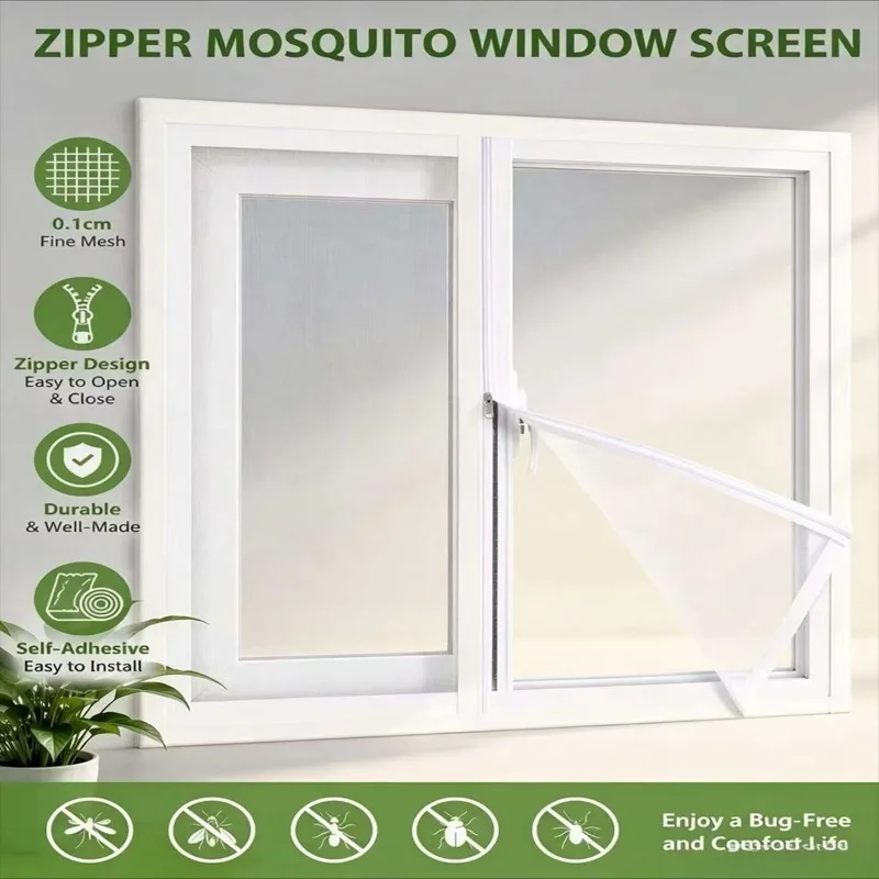 White Zippered Window Mosquito Screen, Self‑Adhesive Hook and Loop, Drill‑Free Anti‑Insect Mesh, Custom Size for Windows