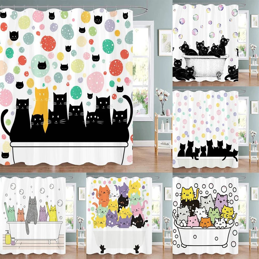 

Cartoon Cute Bathing Cat Art Shower Curtain, Bathroom Decorative Shower Curtain, Home printed Bath Curtain with Hooks